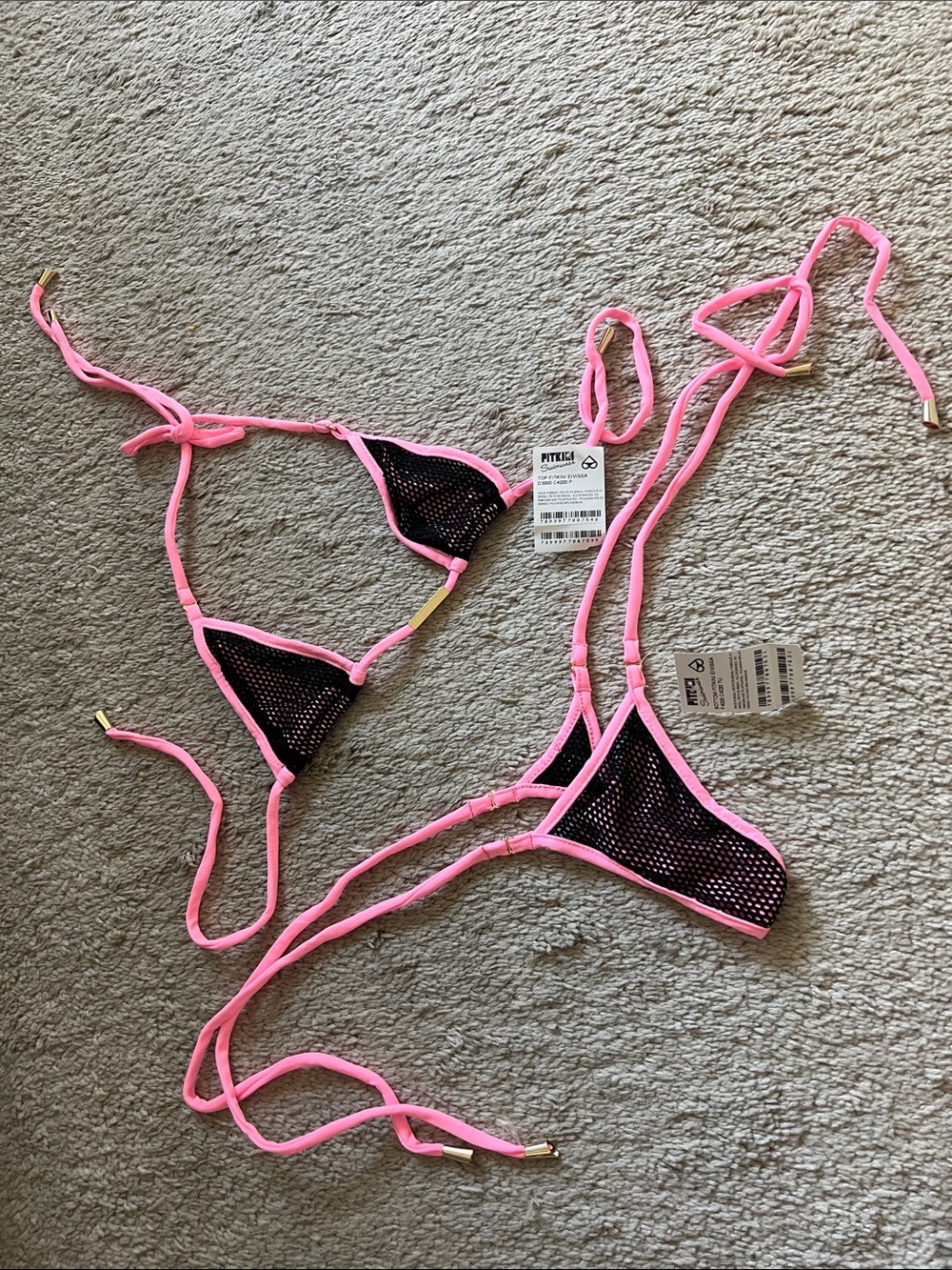Pink Trim Black Mesh Micro Bikini Set